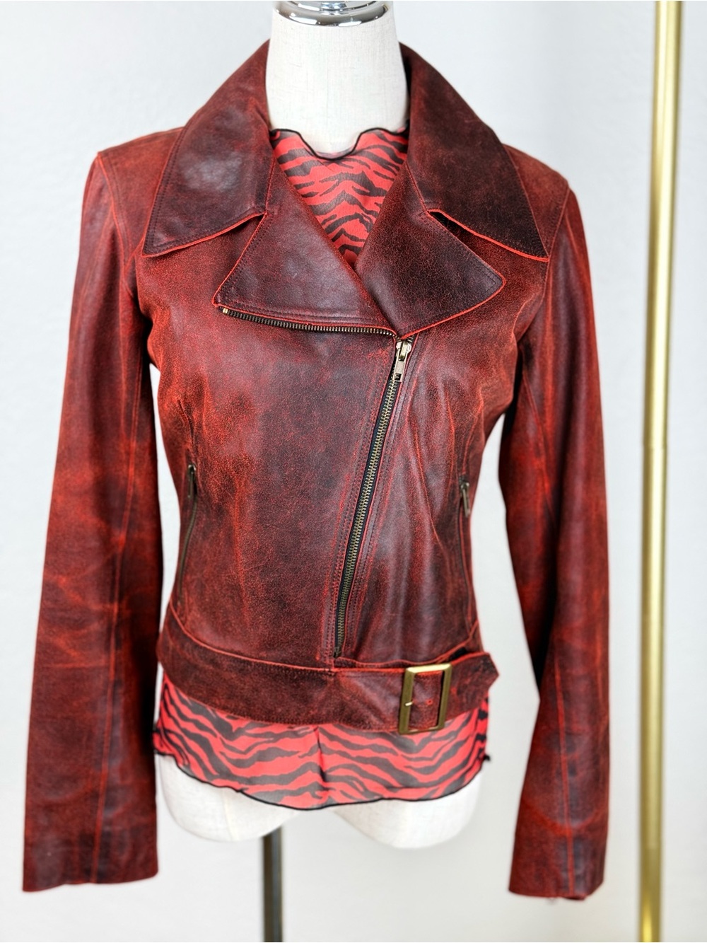 ARCHIVAL SUIT JEWELS by Julie Knapp Burnished Leather Moto Suit Set/S Red Black
